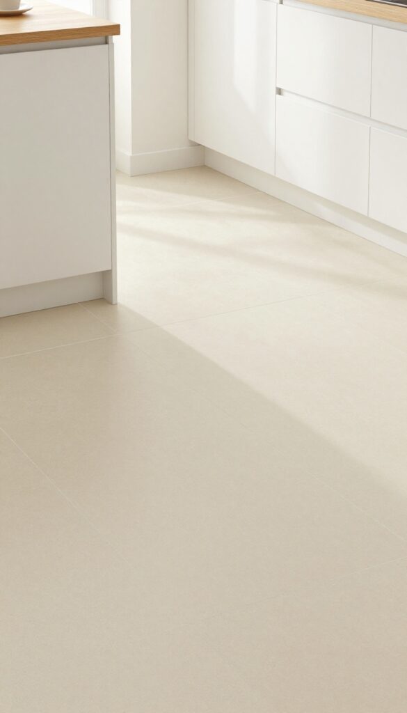 Large-format porcelain slabs on a small kitchen floor with minimal grout lines, creating a seamless and spacious look.