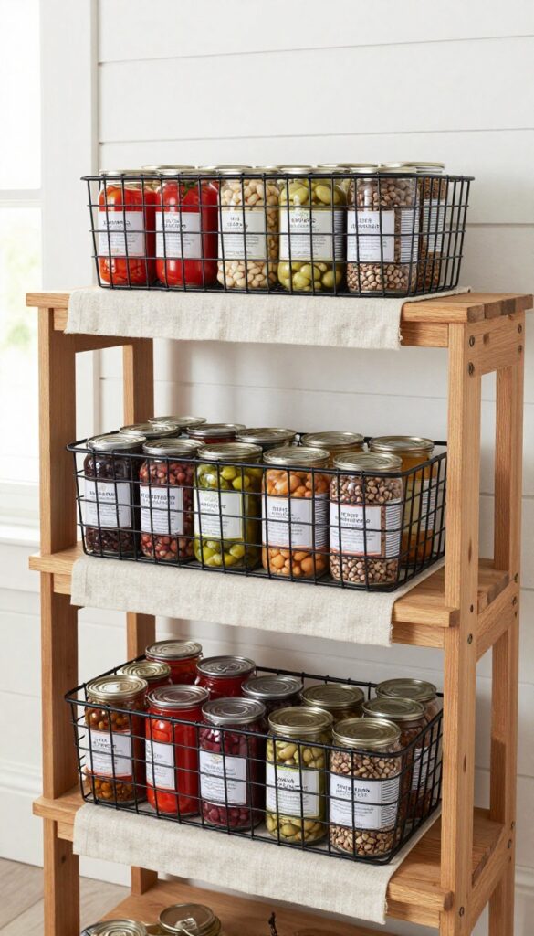 Tiered wire baskets on a farmhouse pantry shelf filled with neatly arranged canned goods, labels visible, natural light, wood shelf with linen runner.