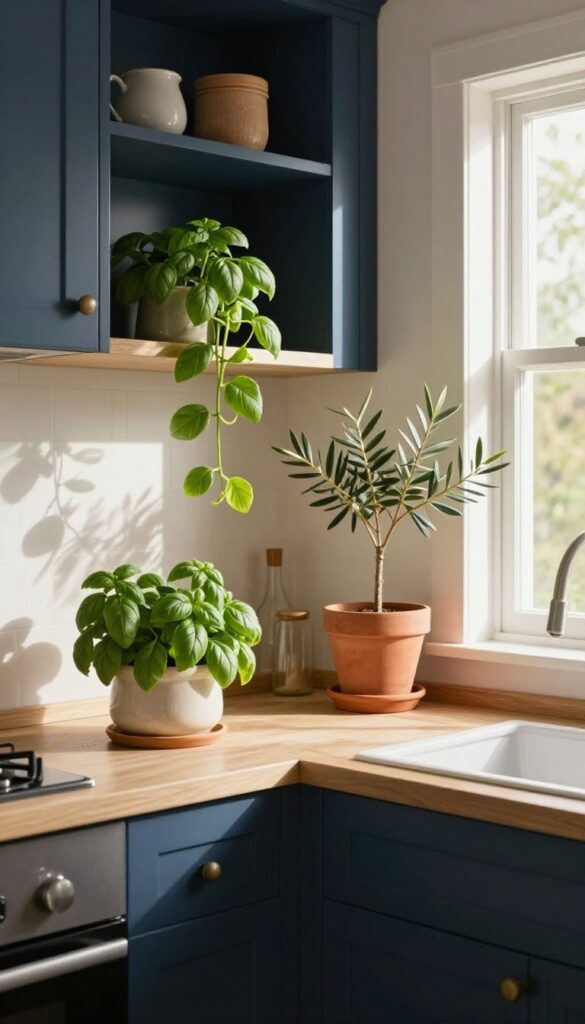 Navy blue kitchen cabinets with fresh greenery in ceramic pots, including basil, pothos, and an olive tree, creating a warm and elegant look.
