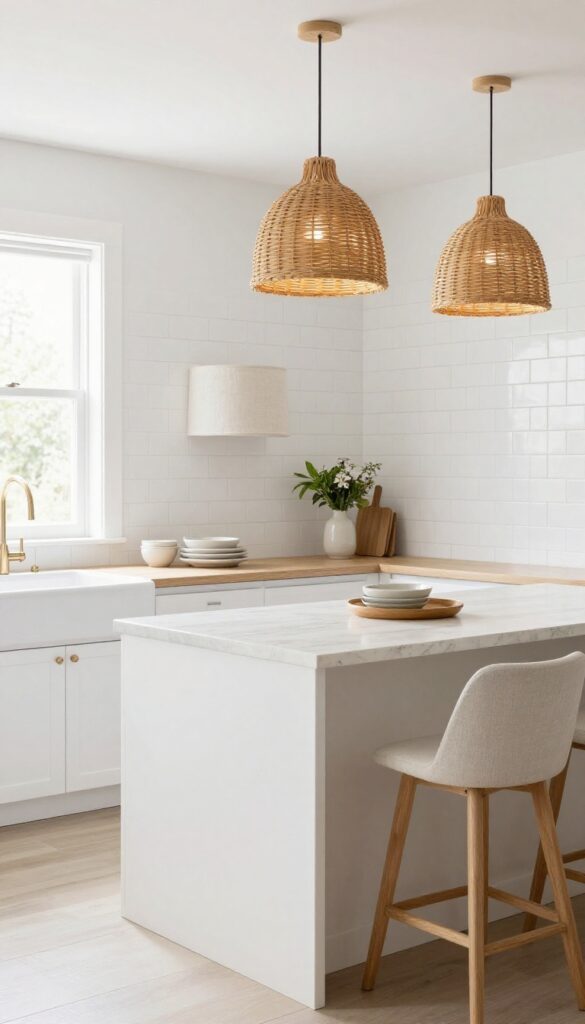 A welcoming kitchen with affordable lighting upgrades, featuring a rattan pendant light and a linen drum shade, soft natural light, and a clean, uncluttered look.