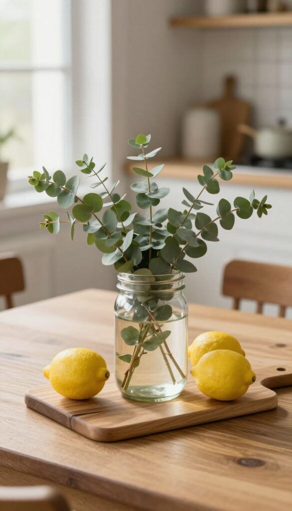 DIY centerpiece with eucalyptus and lemons in a mason jar on a wooden dining table
