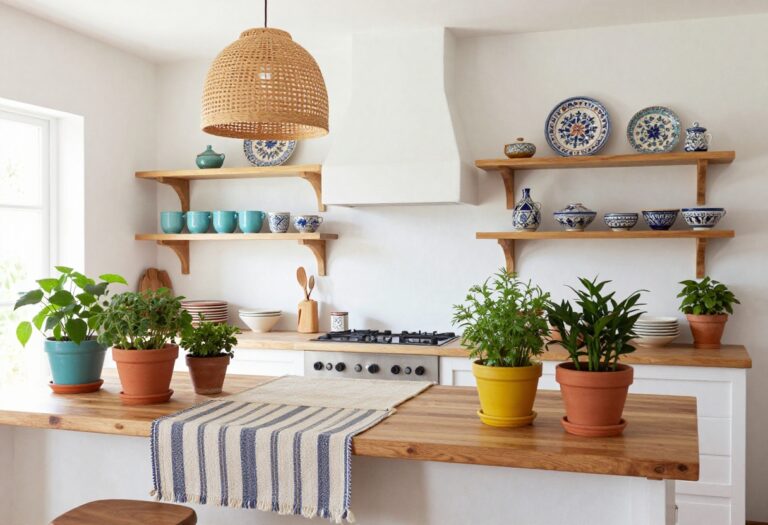 Bright kitchen with colorful Mexican decor, clay cookware, woven runner, and potted herbs