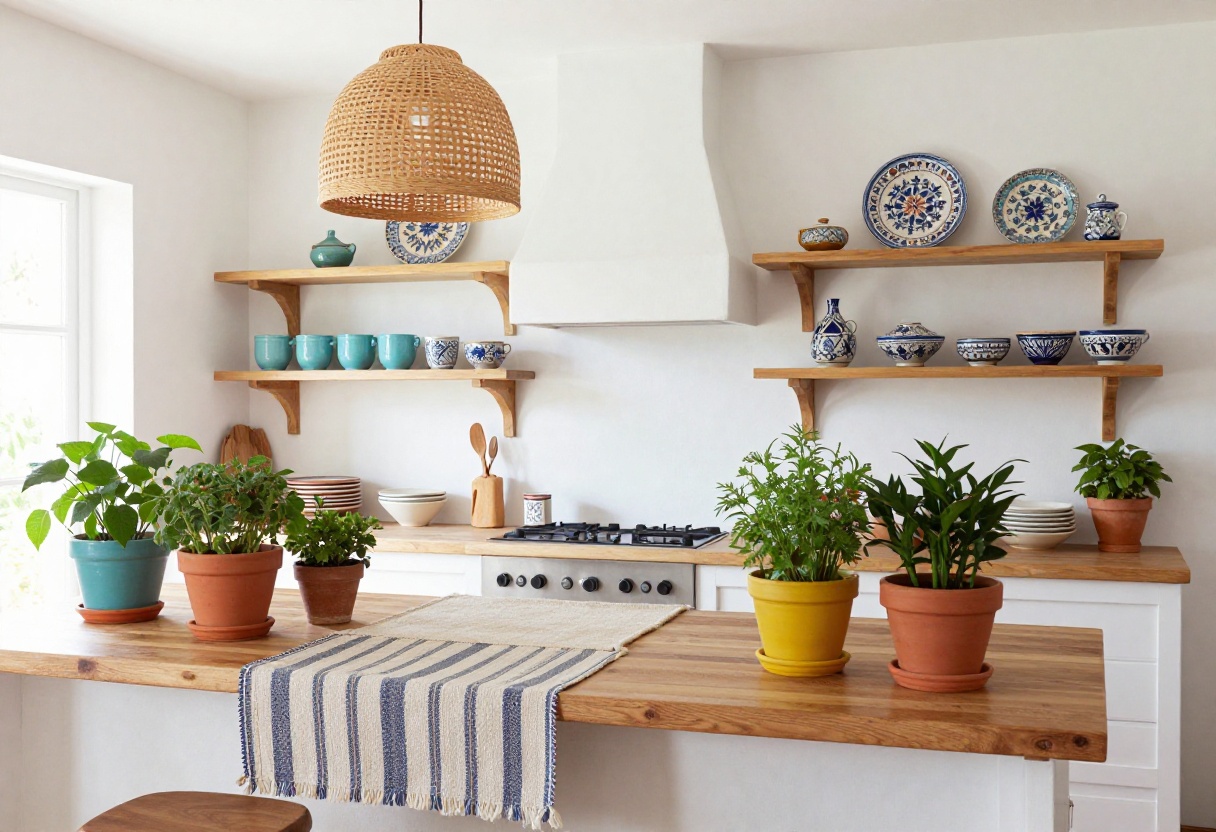 Bright kitchen with colorful Mexican decor, clay cookware, woven runner, and potted herbs
