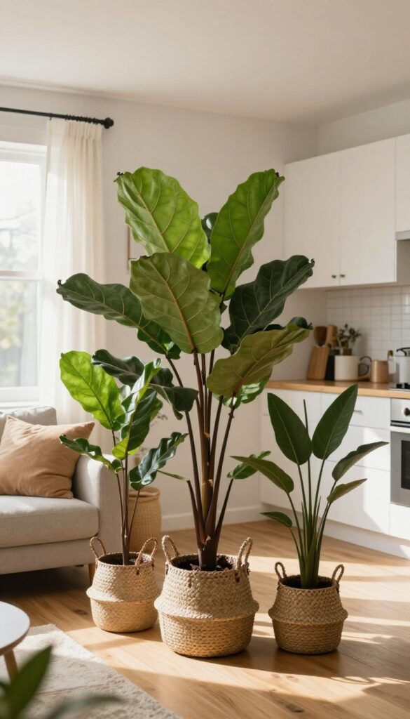 Tall potted plants acting as a green screen room divider between kitchen and living room in a small space