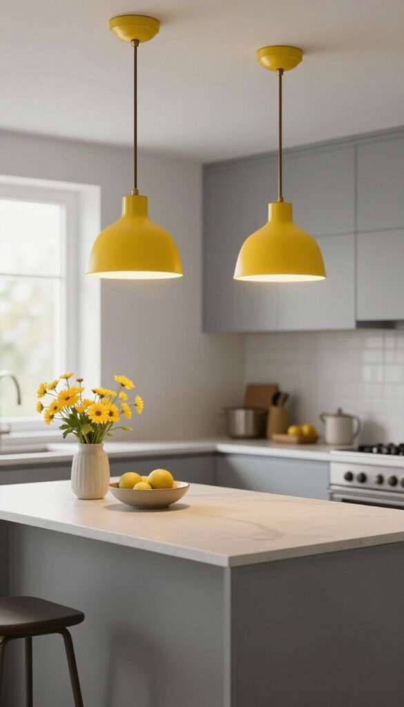 Grey kitchen island with two yellow pendant lights hanging above, warm glow, clean and bright kitchen background