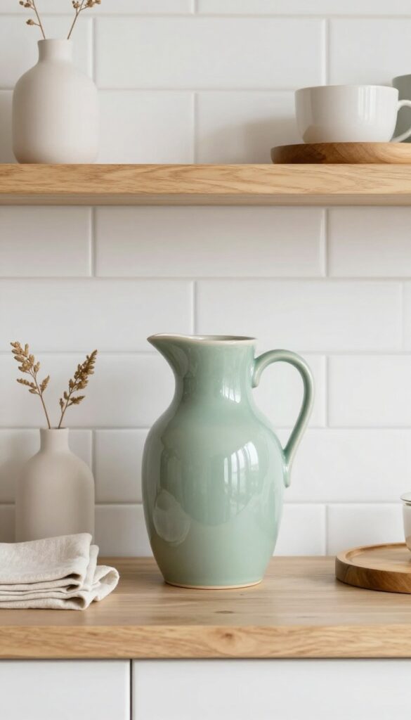 A kitchen shelf with a single oversized sage green ceramic pitcher as a focal point, flanked by minimal decor items in muted tones.