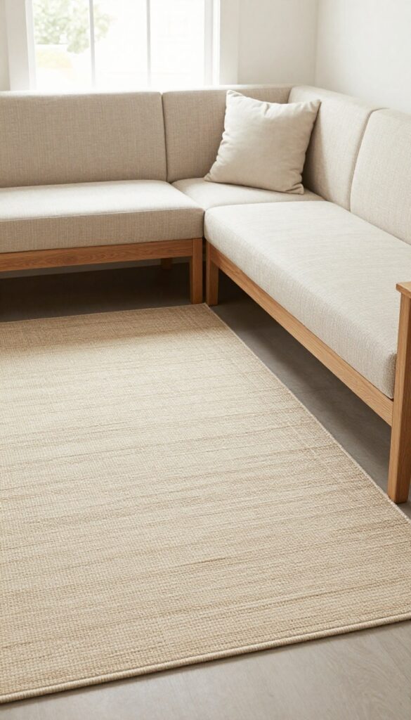 Custom-cut flatweave rug under a corner banquette dining table, perfectly fitting the L-shaped layout