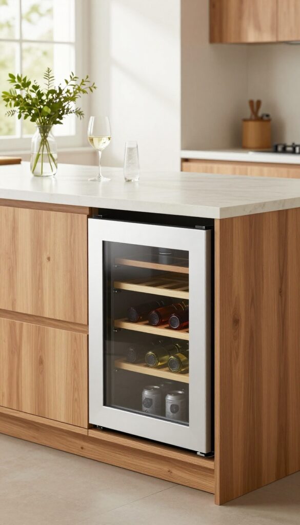 Modern kitchen island with built-in slim wine fridge and beverage drawer, warm wood cabinetry, natural light, clean and stylish design