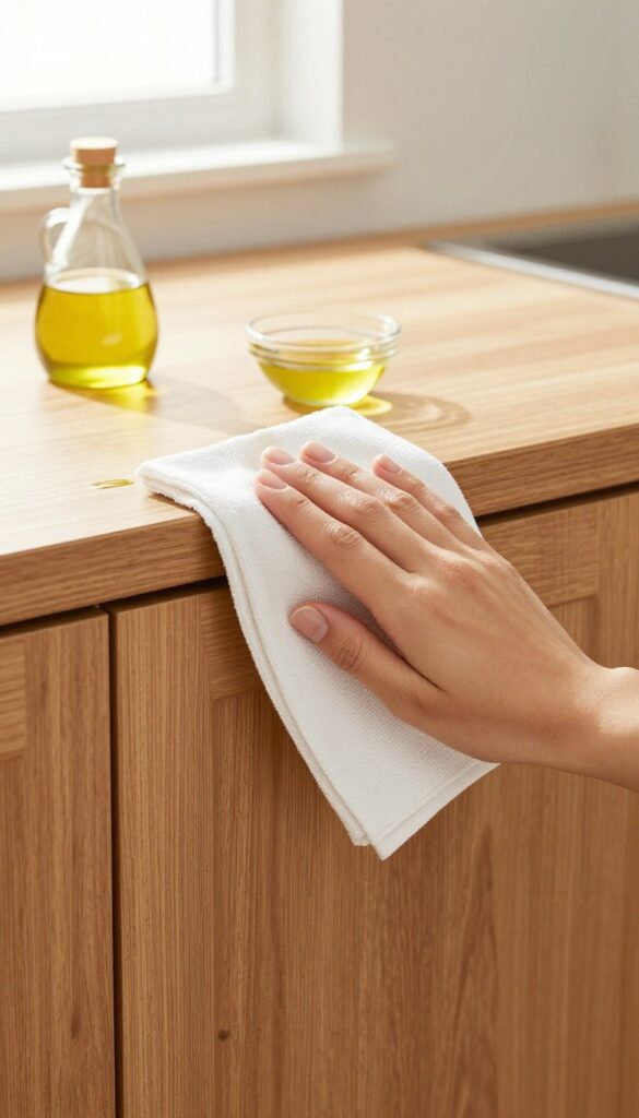 Cleaning wooden kitchen cabinet with olive oil and vinegar polish using a soft cloth