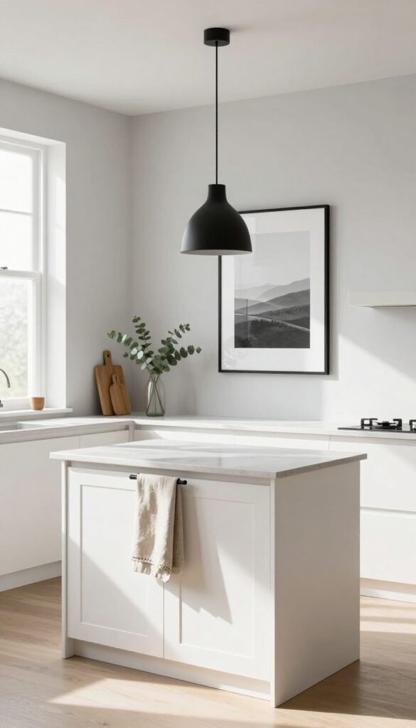 Minimalist kitchen with white cabinets, a black pendant light, and a single framed print on the counter, creating an open and calm feel.