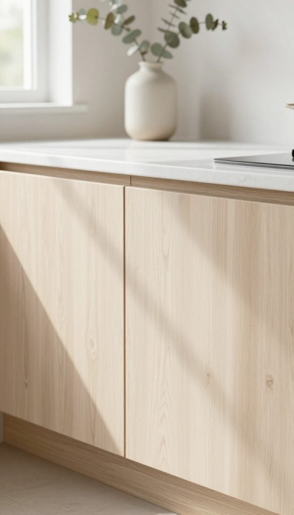Close-up of natural oak slab cabinet doors with warm wood grain, matte finish, and simple ceramic decor in a bright kitchen.