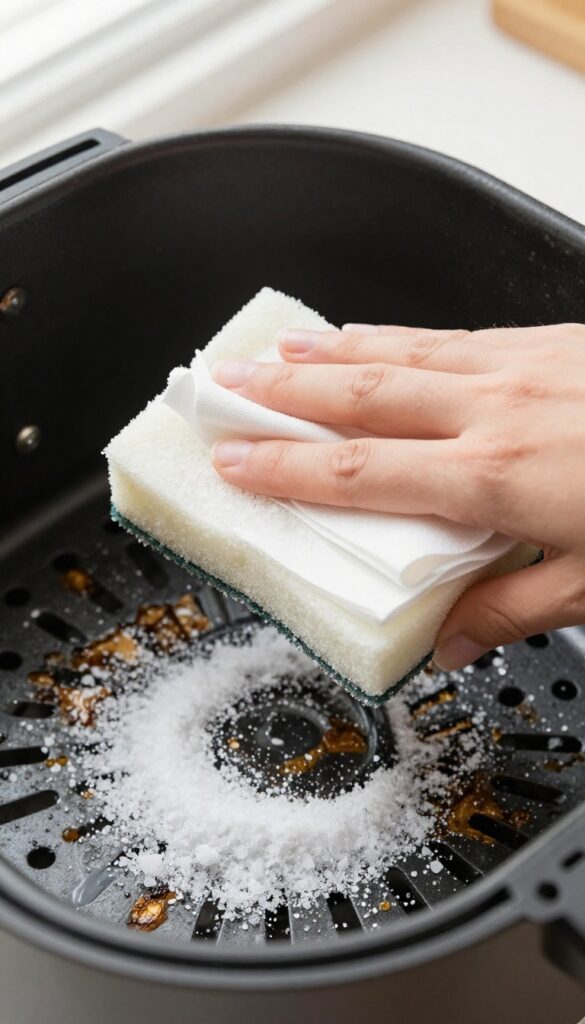 Hand scrubbing air fryer basket with coarse salt on a damp sponge