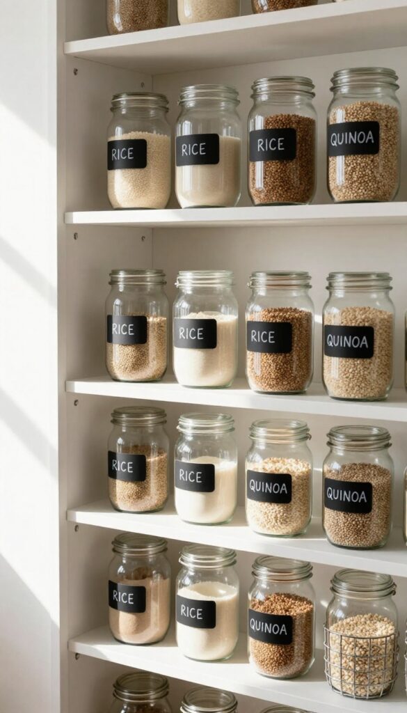 Clear glass jars with chalkboard labels on pantry shelves, natural light, minimalist organization