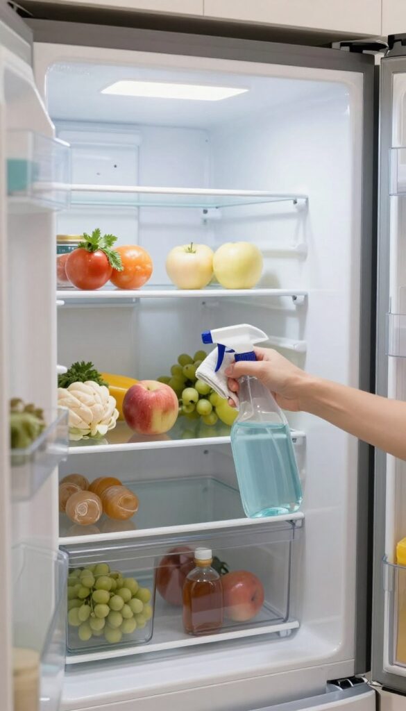 Person wiping a refrigerator shelf with a microfiber cloth, surrounded by fresh produce and cleaning supplies in bright natural light.
