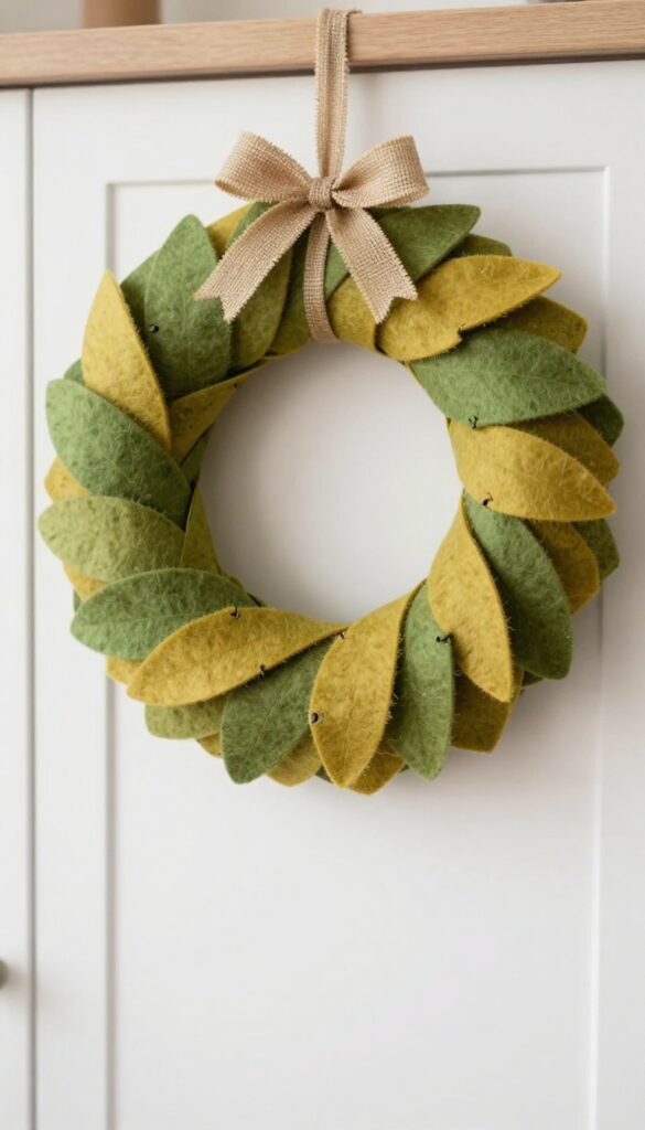 Foldable felt wreath in olive and mustard hanging on a white kitchen cabinet door, partially folded to show hinged sections, bright natural light, clean and organized kitchen setting.