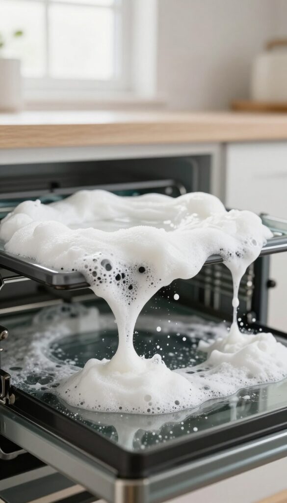 Dish soap and baking soda paste on a glass oven door to clean burnt-on grime.