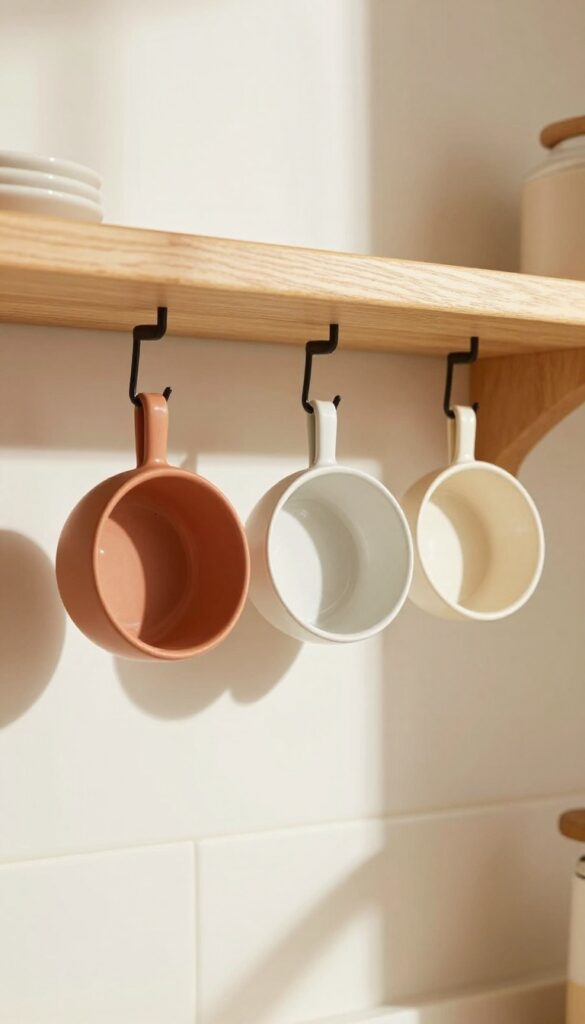 Lightweight bowls hanging from magnetic hooks under a kitchen shelf