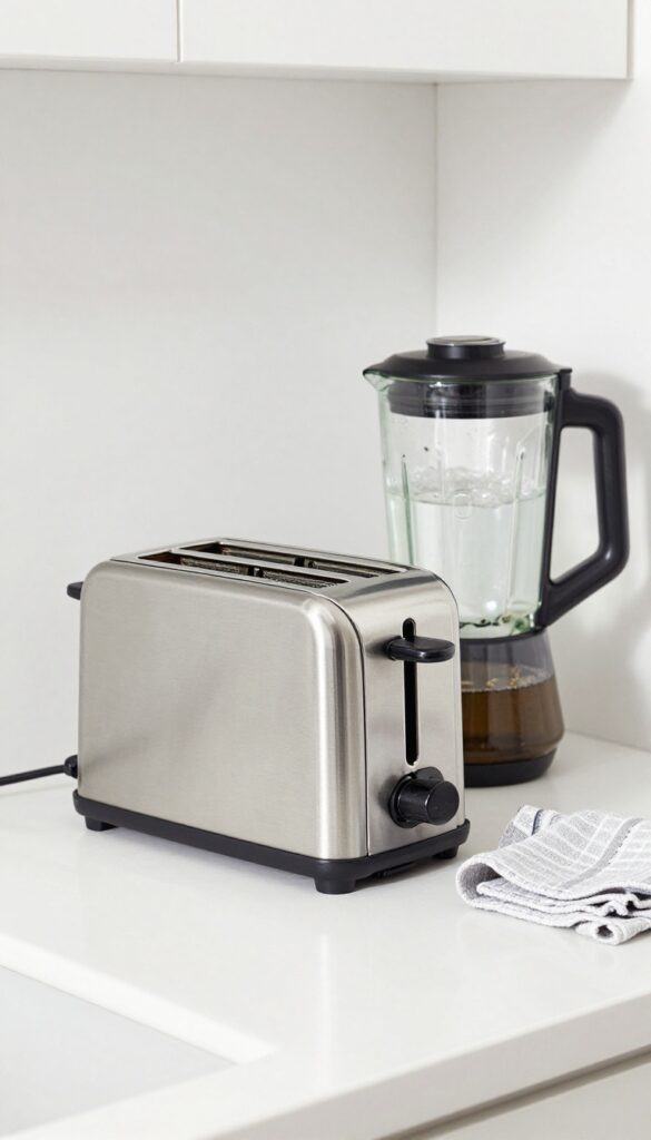 Clean small appliances on a kitchen counter including a toaster, blender, and coffee maker, with cleaning tools nearby.