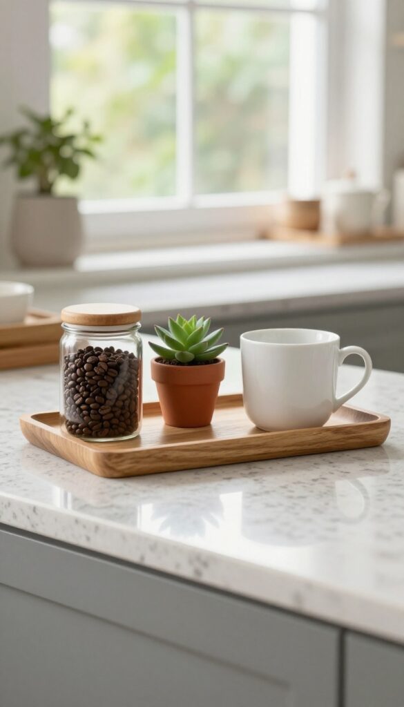 Decorative tray with coffee canister, small plant, and mug on kitchen counter