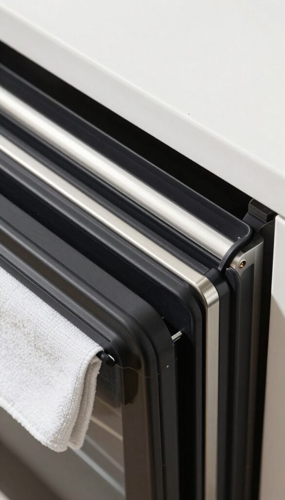Close-up of a clean oven door gasket and metal edges with a microfiber cloth nearby