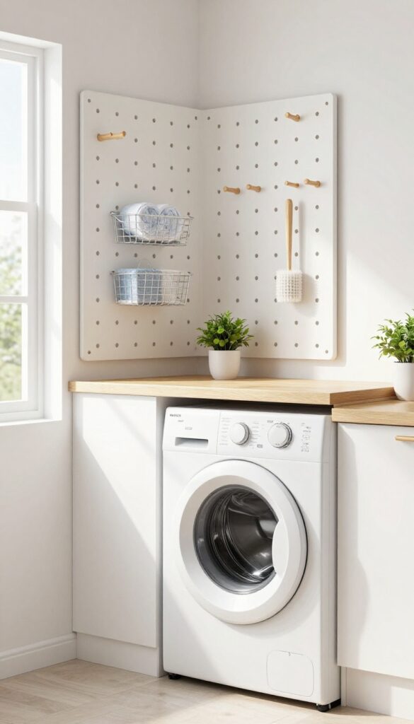 Pegboard above washer and dryer with hooks and small storage baskets in a bright kitchen laundry room