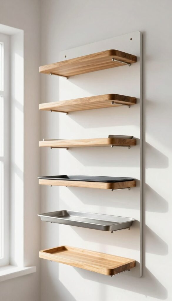 Pegboard with vertically stored cutting boards and baking sheets in a bright kitchen