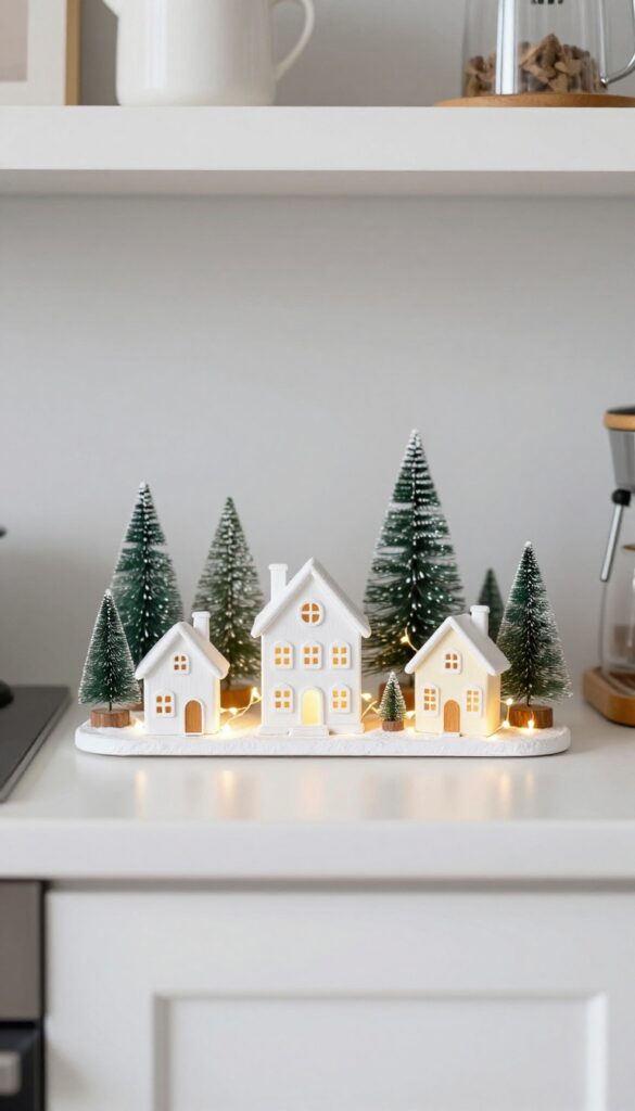 Corner shelf decorated as a tiny Christmas village with miniature houses, trees, and fairy lights in a small kitchen.