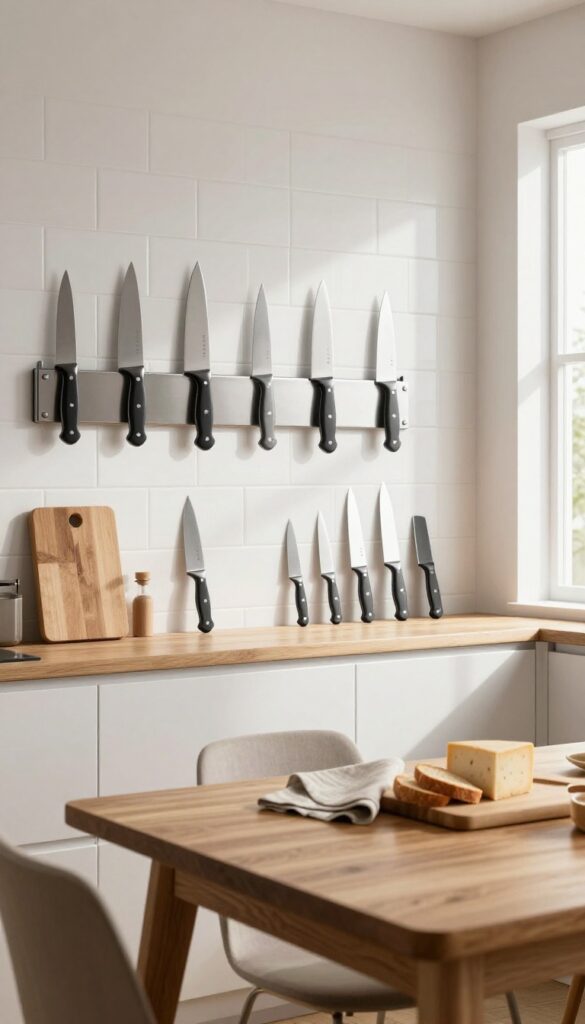 Magnetic knife strip mounted on kitchen wall near dining table with knives, cutting board, bread, and cheese in natural light.