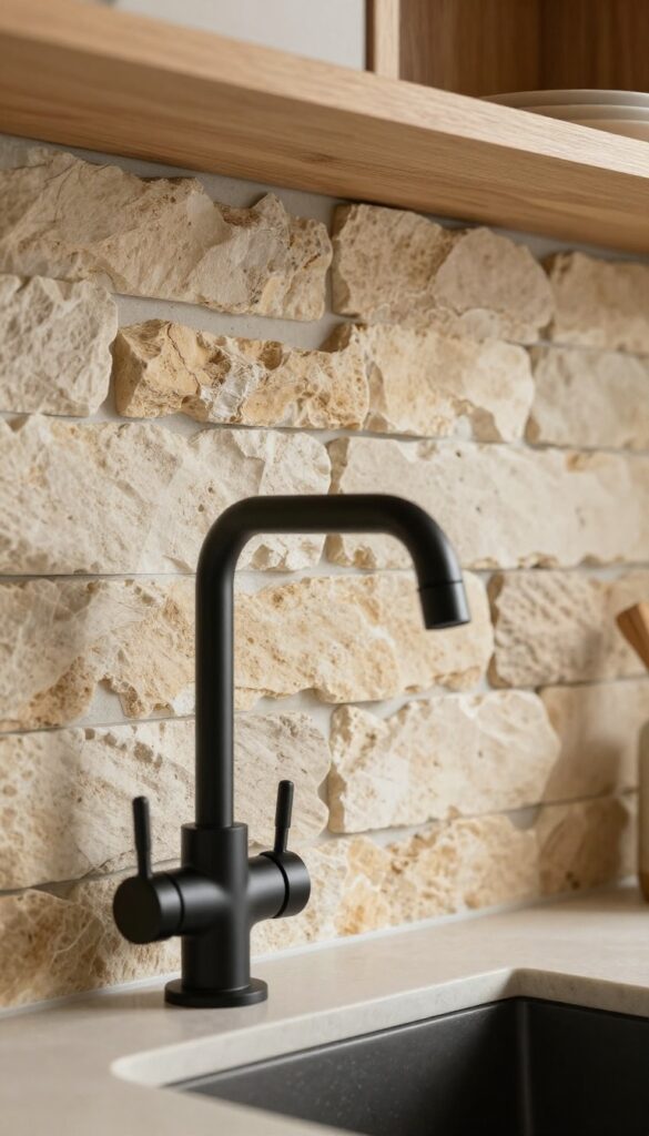 Stacked stone veneer backsplash in warm limestone tones with matte black faucet and natural wood shelving
