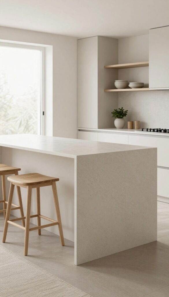 Modern kitchen island with matte quartz waterfall countertop, neutral warm white, subtle veining, seamless flow to floor, soft natural light, minimalist bar stools, textured runner, open shelving with ceramic dishes and plant, bright and airy.