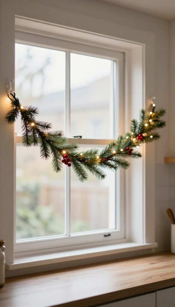 Small kitchen window with a slim pre-lit garland draped across the top, creating a cozy festive feel without blocking natural light.