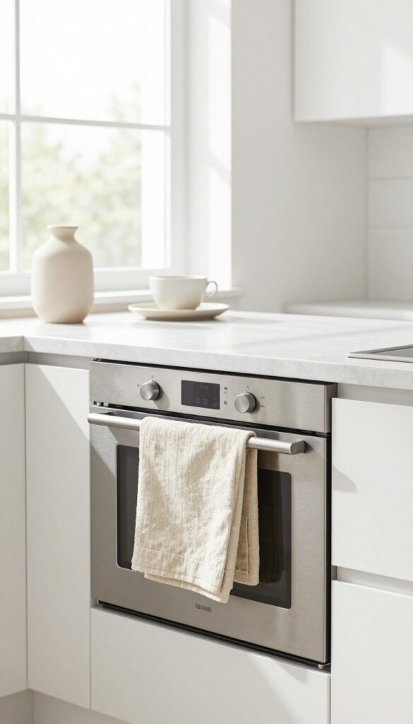 A neatly folded oatmeal linen dish towel draped over a modern stainless steel oven handle in a bright, airy kitchen