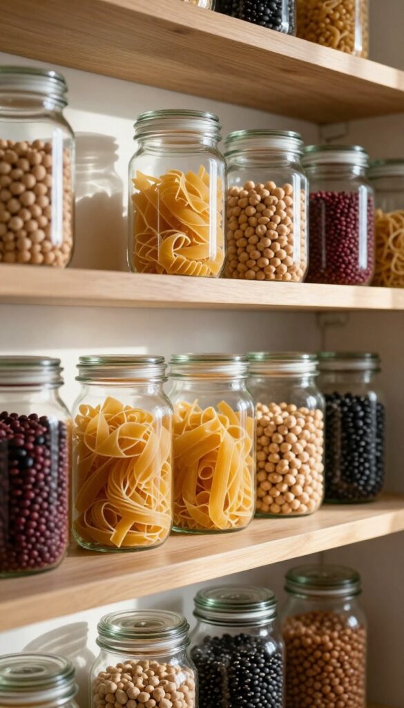 Glass jars filled with pasta and beans on open kitchen shelves, natural light, warm textures