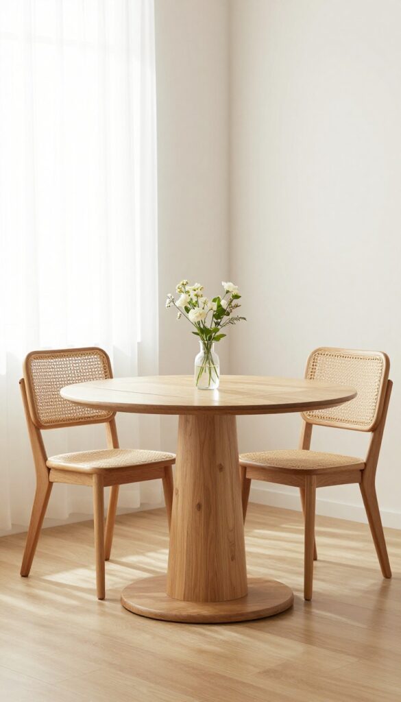 Pedestal table with cane-back chairs in a bright kitchen dining nook