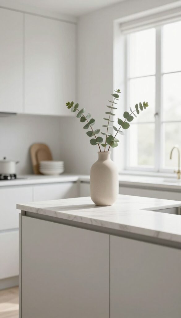 Modern kitchen counter with a single tall beige ceramic vase holding eucalyptus stems, natural light, minimalist decor.
