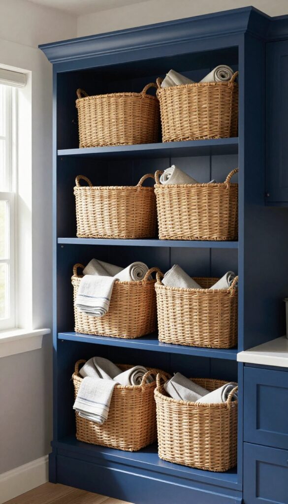 Kitchen with navy cabinets and woven baskets on top for open storage, natural light, warm and cozy style