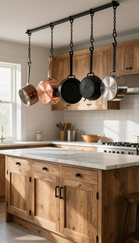 A hanging pot rack over a kitchen island filled with copper, cast iron, and stainless steel pots and pans, with natural light and rustic decor.
