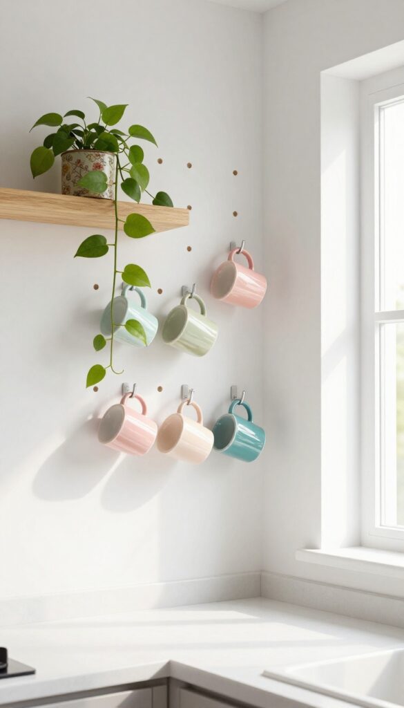 Colorful mugs displayed on a pegboard in a bright kitchen corner with a plant shelf above