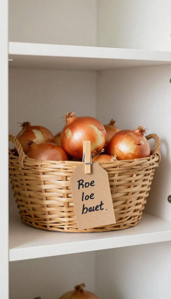 Woven basket of onions with a clothespin label clip in a farmhouse pantry