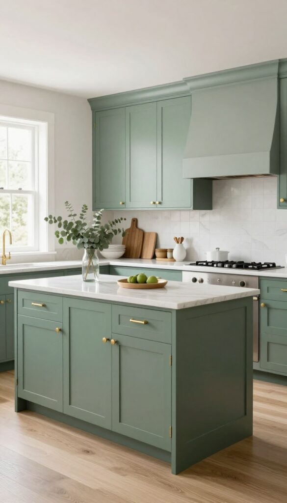 Two-tone kitchen cabinets with soft cream uppers and sage green lowers, brushed brass hardware, and a matching island in a bright, cozy kitchen.