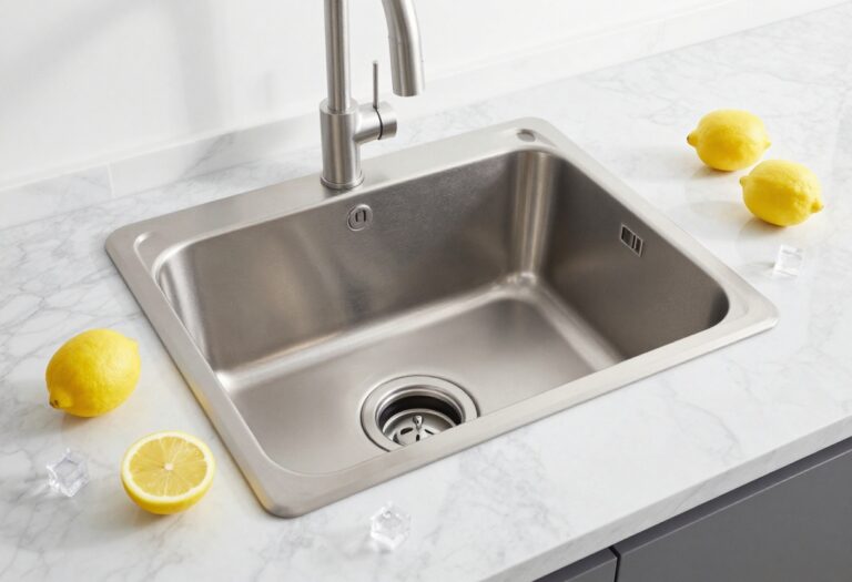 Clean kitchen sink with garbage disposal and lemon slices