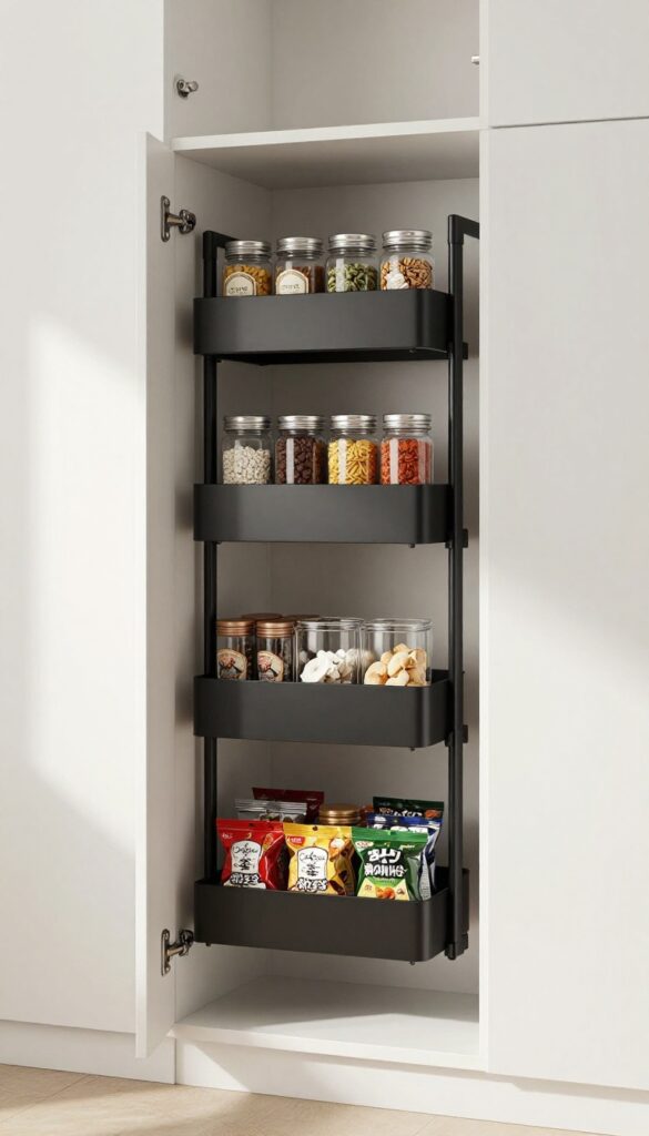 Over-the-door rack in a small pantry with organized spices and snacks