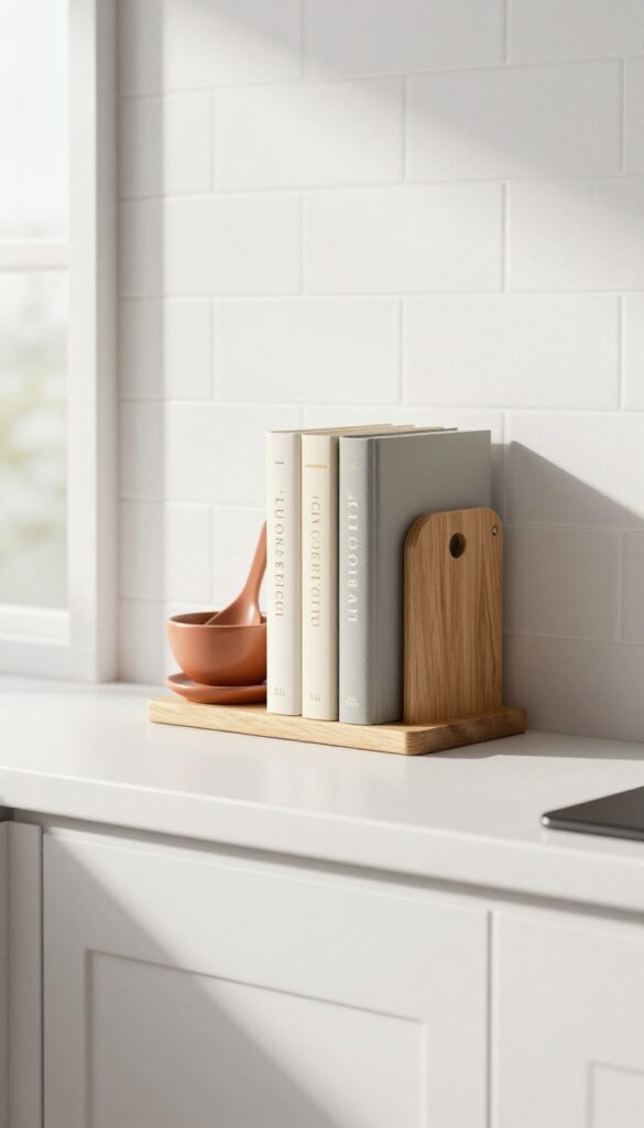 A kitchen mantle with a simple bookend holding upright cookbooks, topped with a small ceramic spoon rest, in bright natural light.