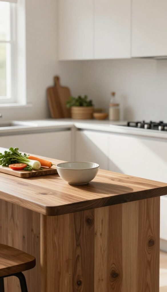 Warm kitchen island with walnut butcher block countertop, fresh vegetables, and natural light