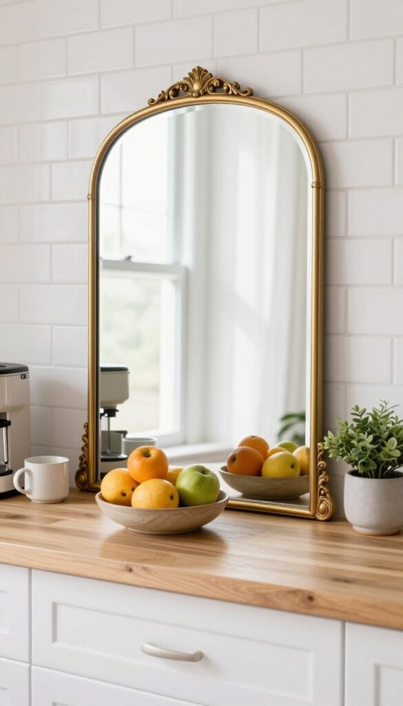 A vintage mirror leaning against a kitchen backsplash, reflecting natural light and fruit.