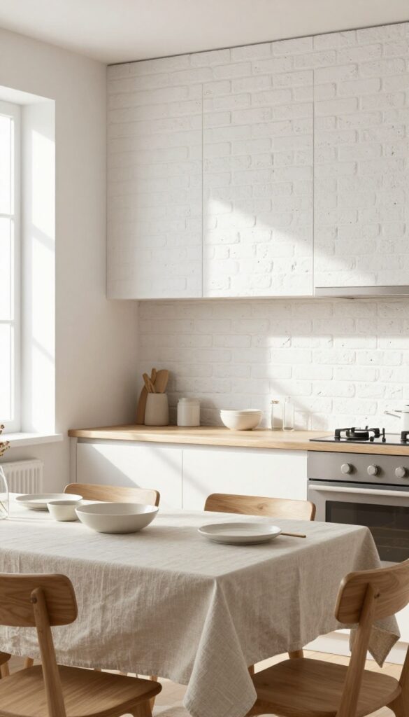 A bright kitchen with a whitewashed brick accent wall behind a dining table, creating a warm and modern focal point.