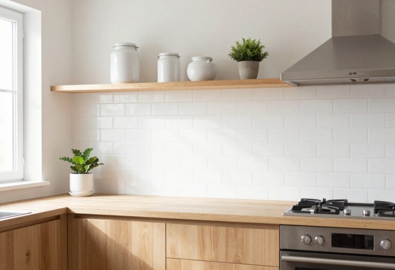 White kitchen with subway tile splashback and open shelving displaying jars and a plant