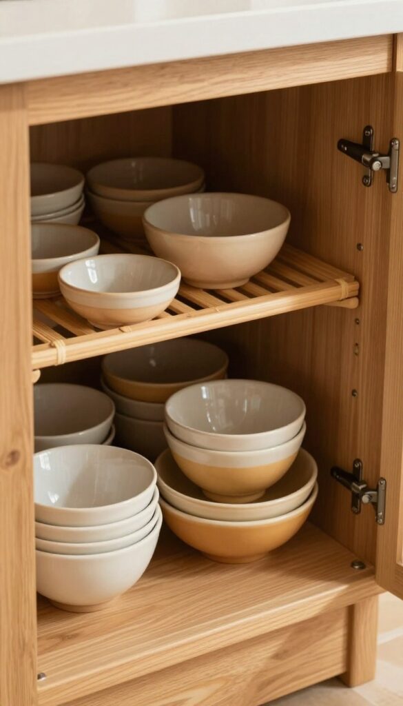 Bamboo lazy Susan in a corner cabinet holding ceramic mixing bowls, warm natural light, organized kitchen storage.