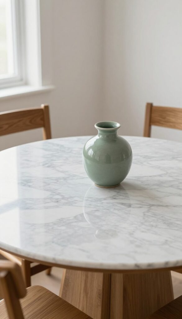 Round kitchen table with marble-look top in bright breakfast corner