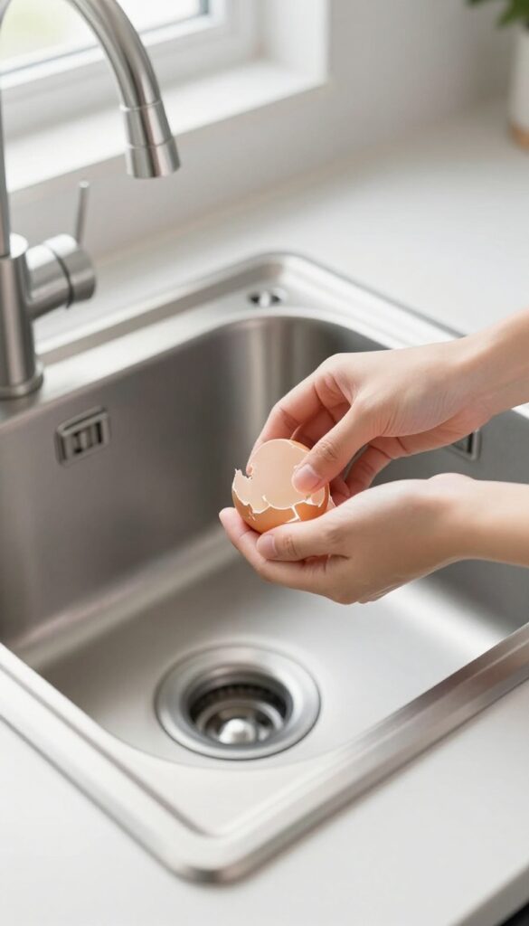 Hand dropping crushed eggshells into a garbage disposal in a clean kitchen sink